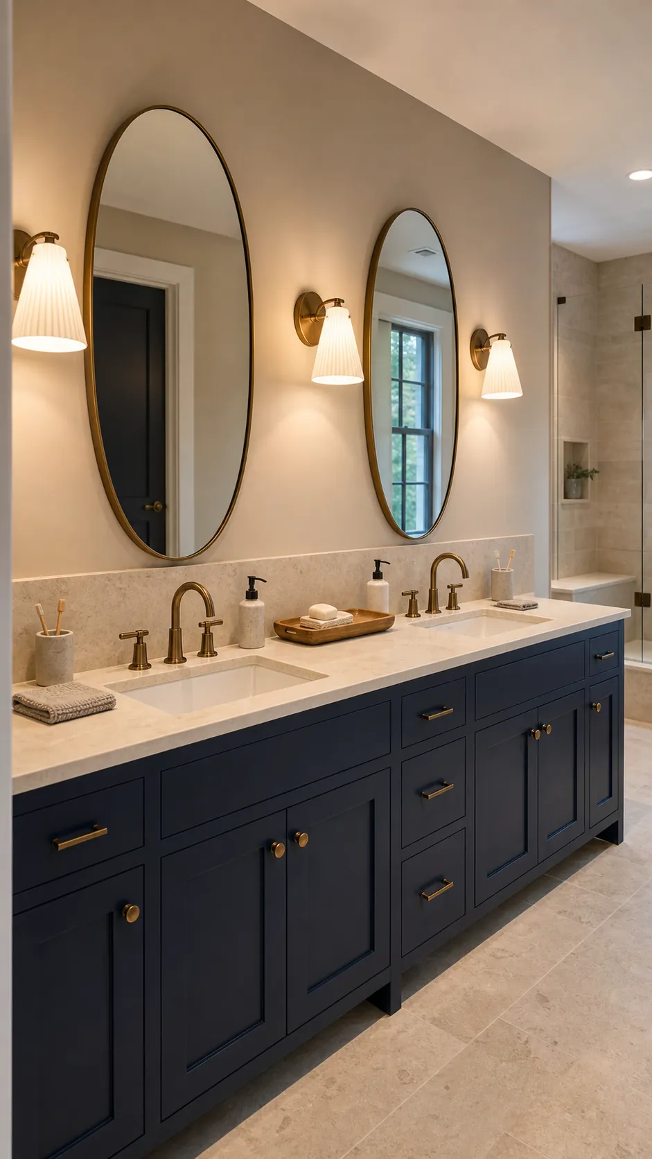 Double bathroom vanity with two mirrors and three evenly spaced sconces