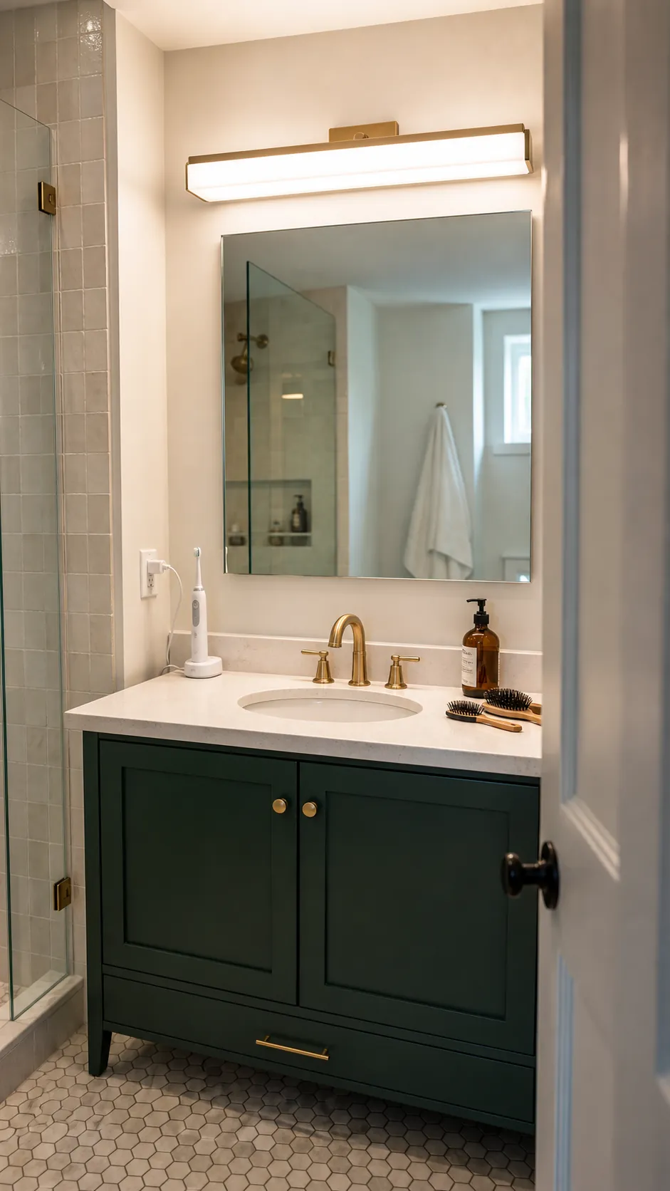 Wide diffused light bar above a single bathroom vanity mirror