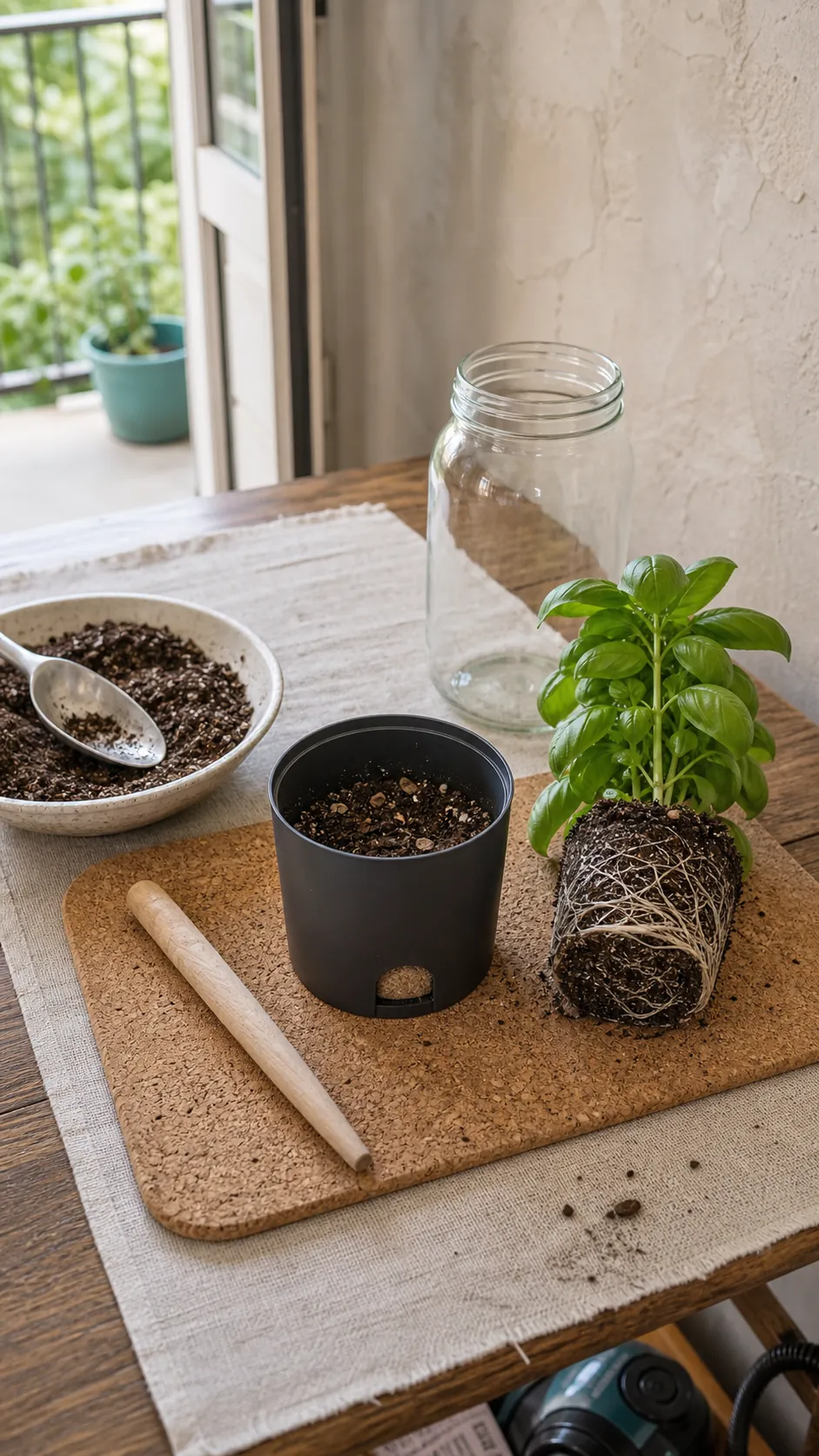 Loose potting mix and basil transplant prepared for a mason jar insert