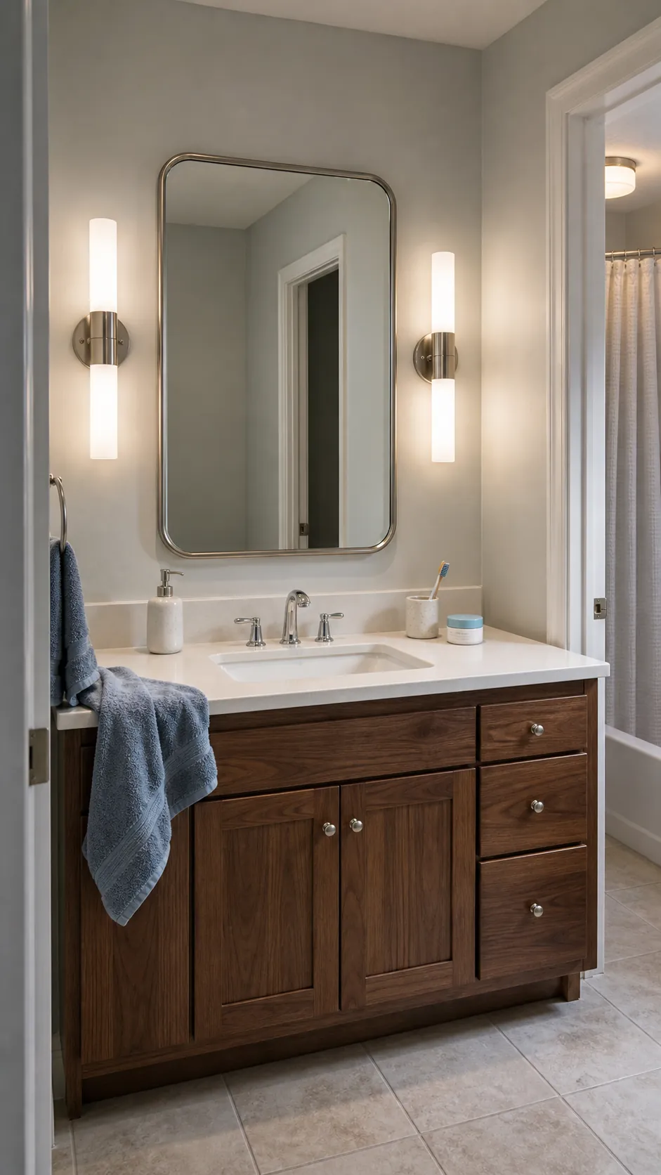 Rounded rectangle bathroom vanity mirror with diffused sconces on both sides