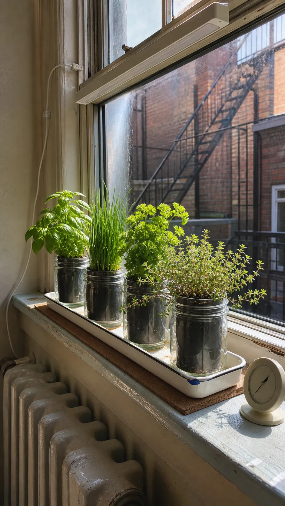 Mason jar herbs arranged in useful morning light on a kitchen windowsill