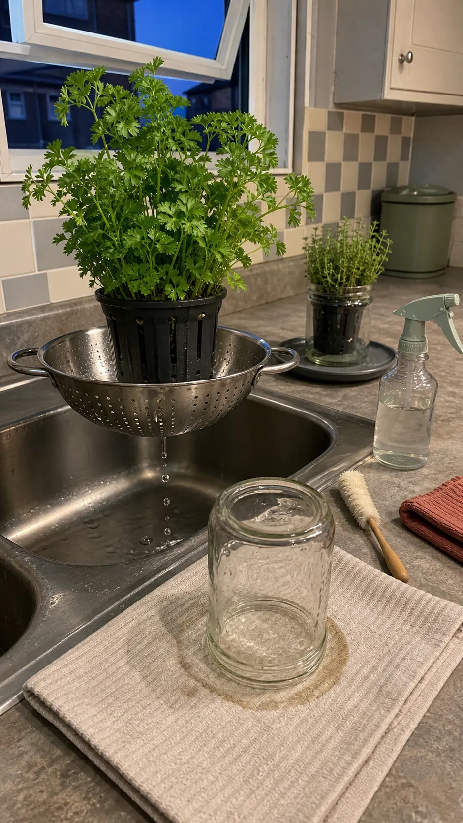 Draining herb insert beside a freshly cleaned mason jar