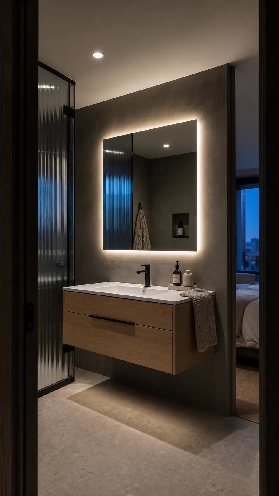 Backlit bathroom mirror layered with soft ceiling lighting