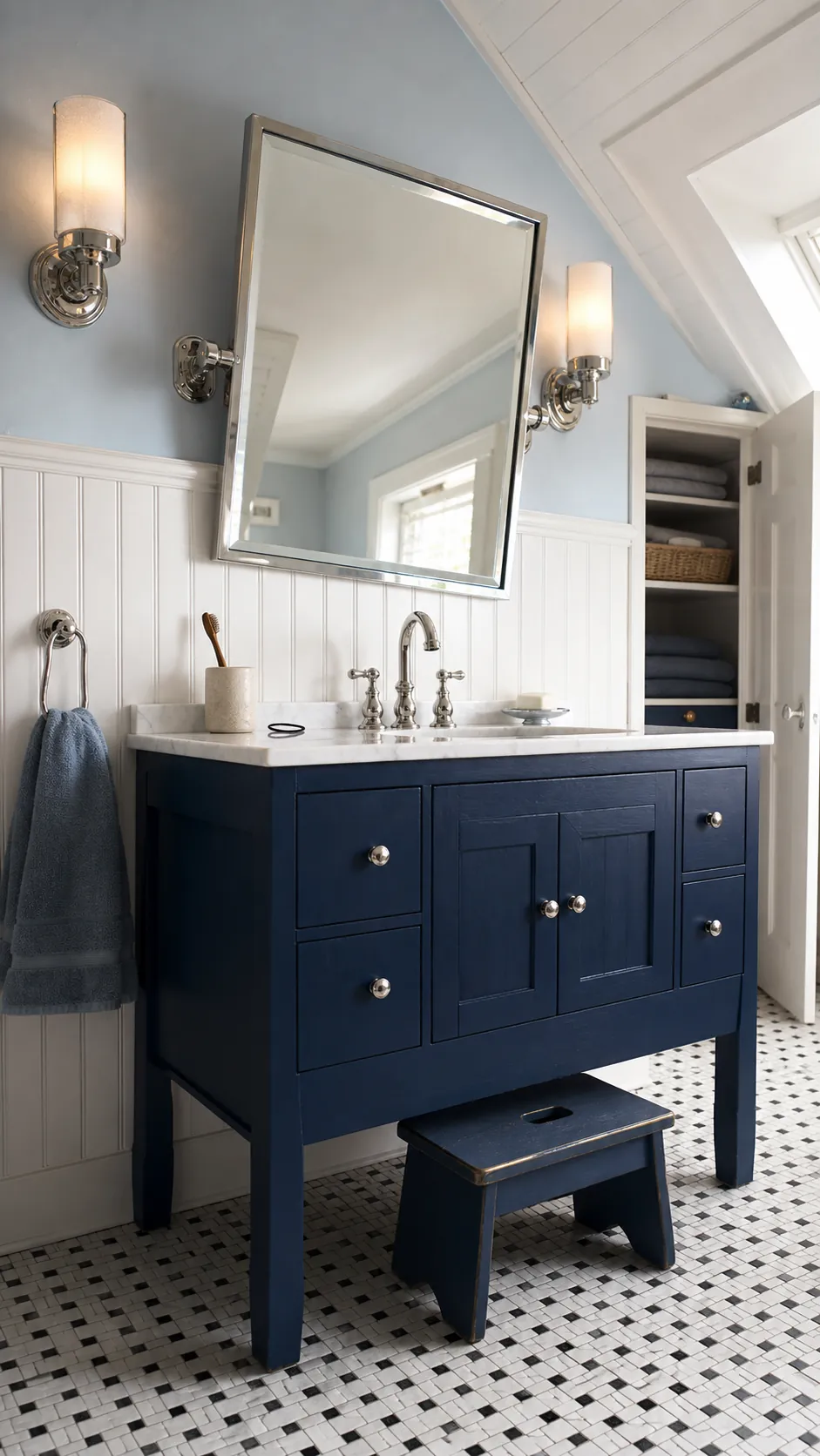 Adjustable pivot bathroom mirror between moisture-safe wall lights