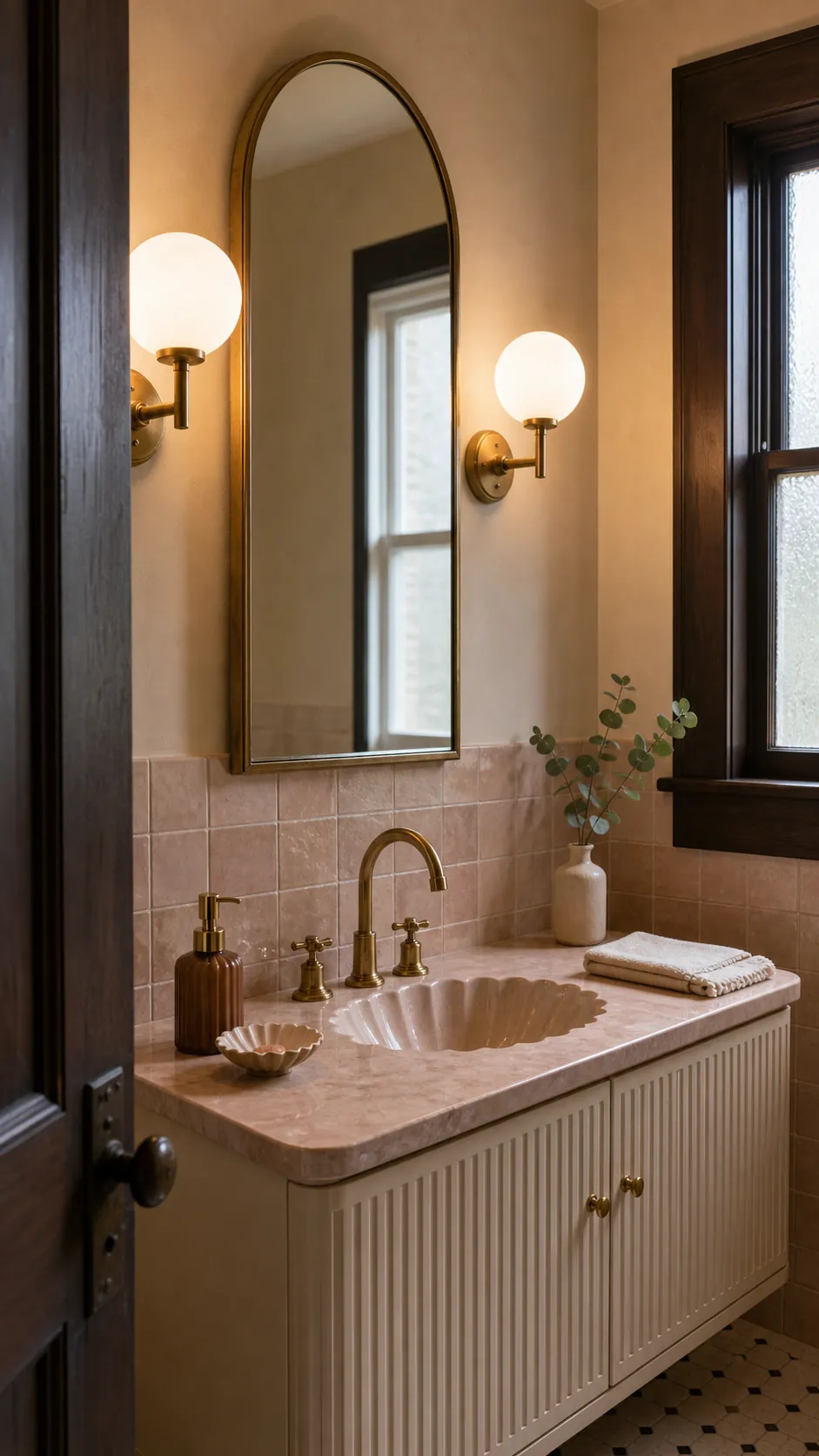 Arched bathroom vanity mirror with opal globe sconces