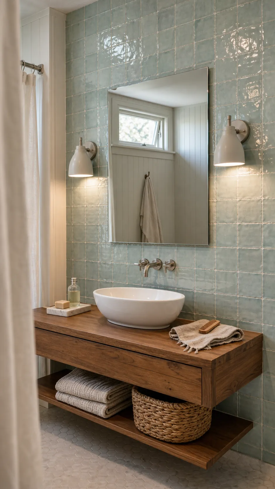 Frameless vanity mirror on softly reflective glazed bathroom tile