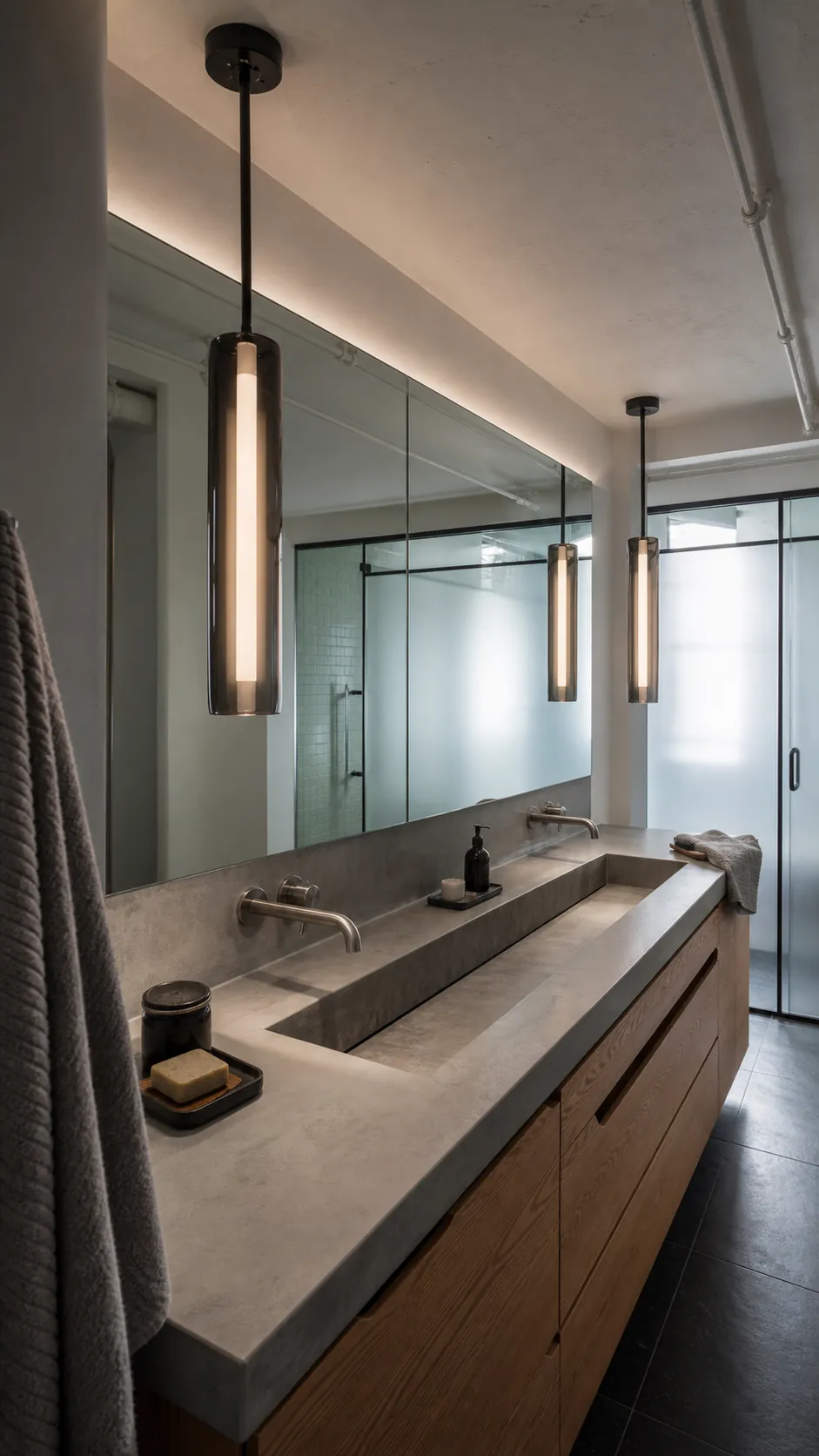 Full-width bathroom mirror with slim pendant lights at the vanity