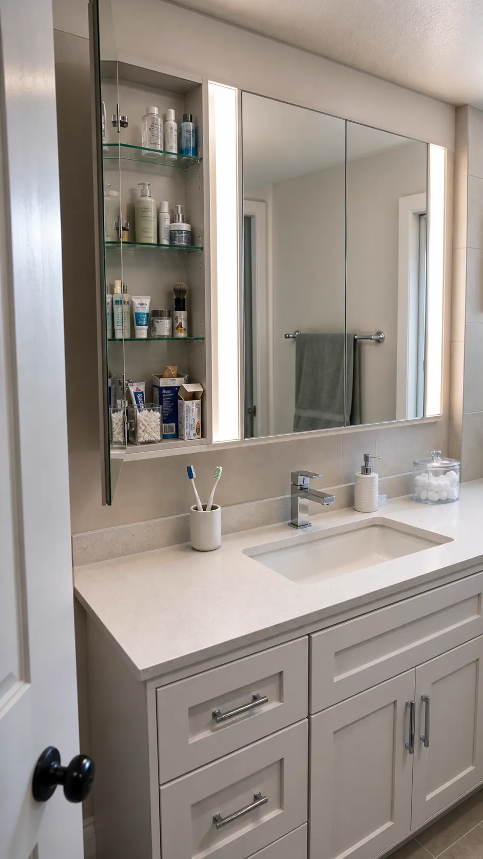 Recessed mirrored medicine cabinet with vertical task-light strips