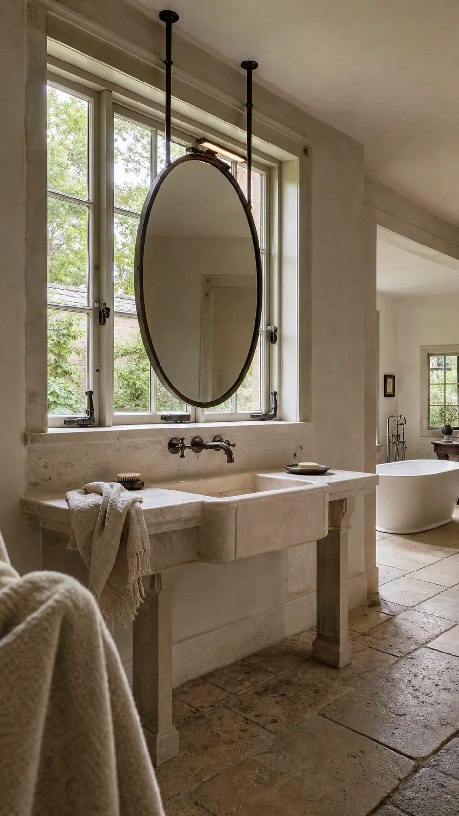 Ceiling-hung vanity mirror positioned in front of a bathroom window