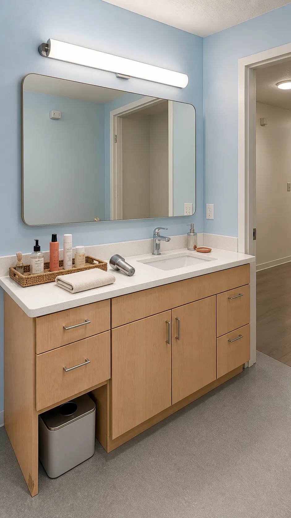 Offset bathroom sink with mirror and light balanced across the full vanity