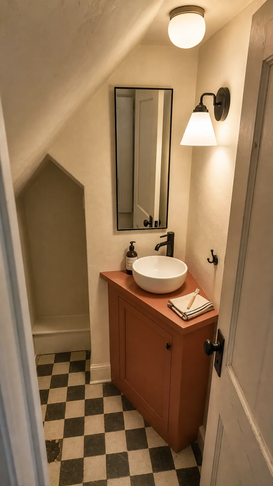 Compact corner bathroom vanity lit by an adjacent wall sconce