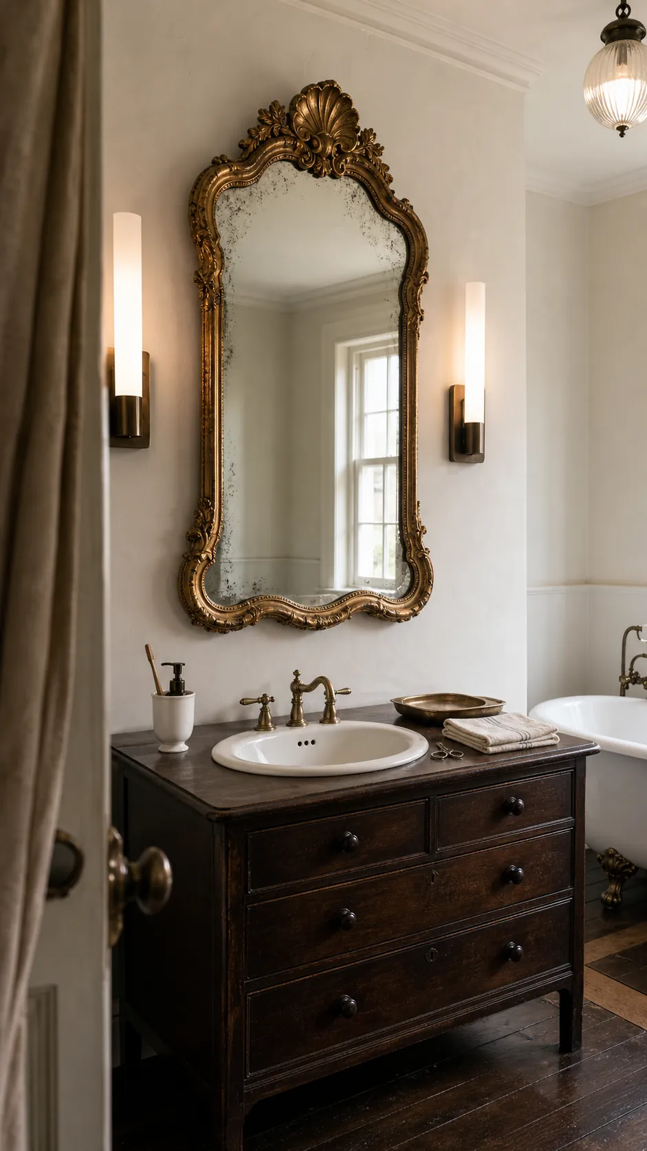 Antique bathroom vanity mirror paired with simple modern task sconces