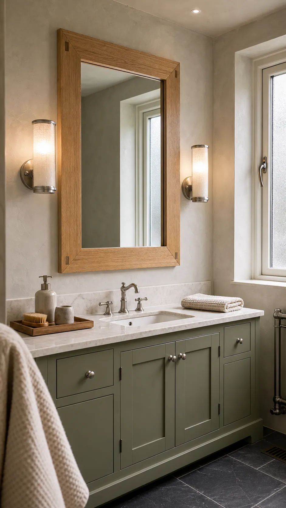 Wood-framed bathroom mirror with warm diffused vanity lighting