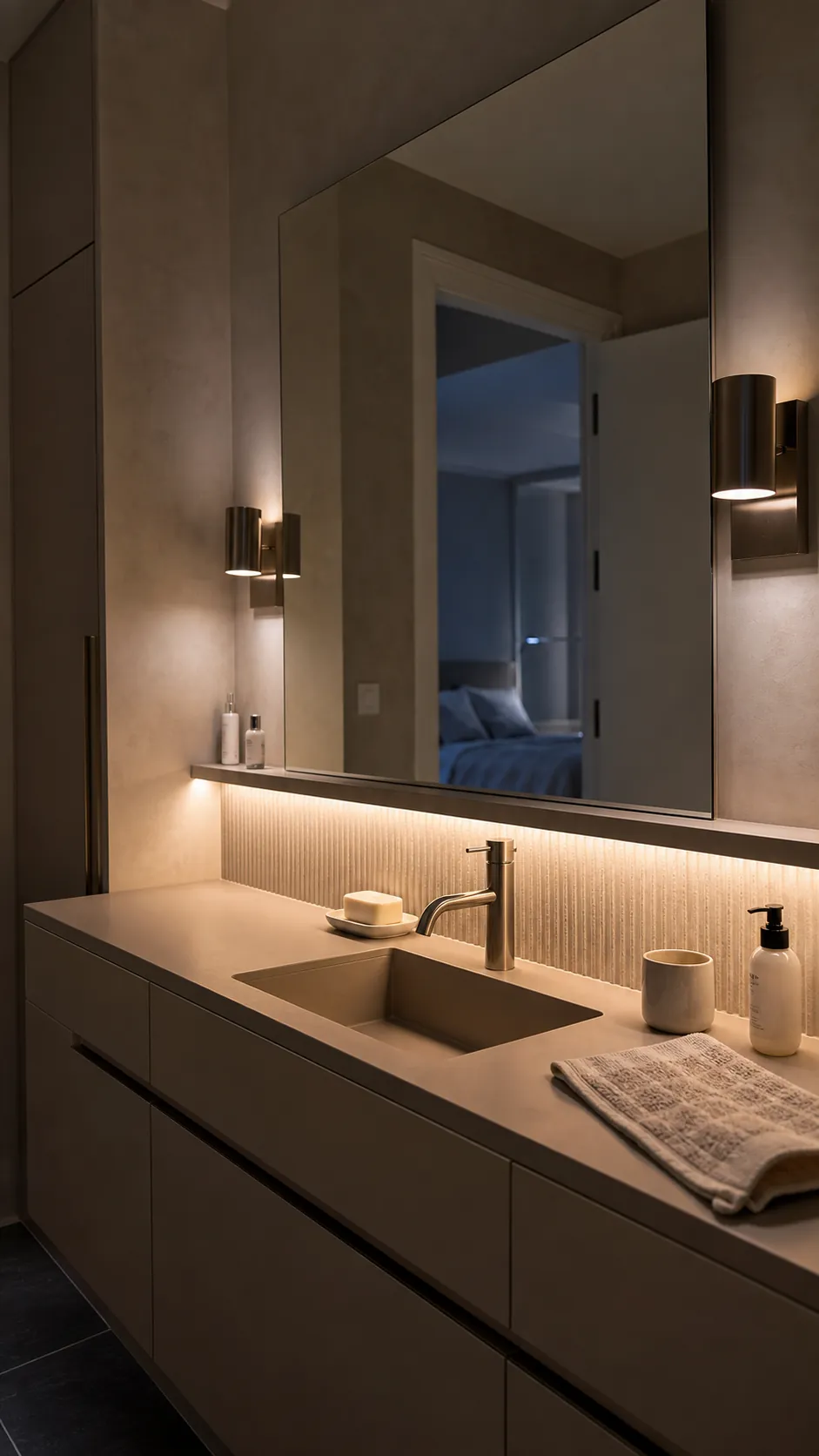 Bathroom vanity mirror shelf with concealed linear accent lighting