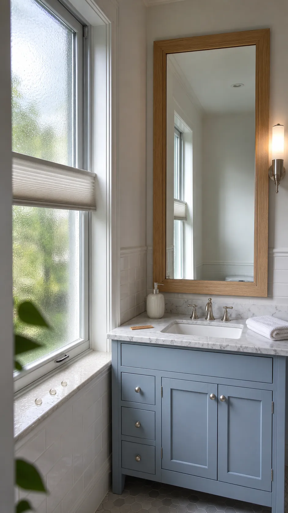 Bathroom vanity mirror placed beside a window for soft natural side light