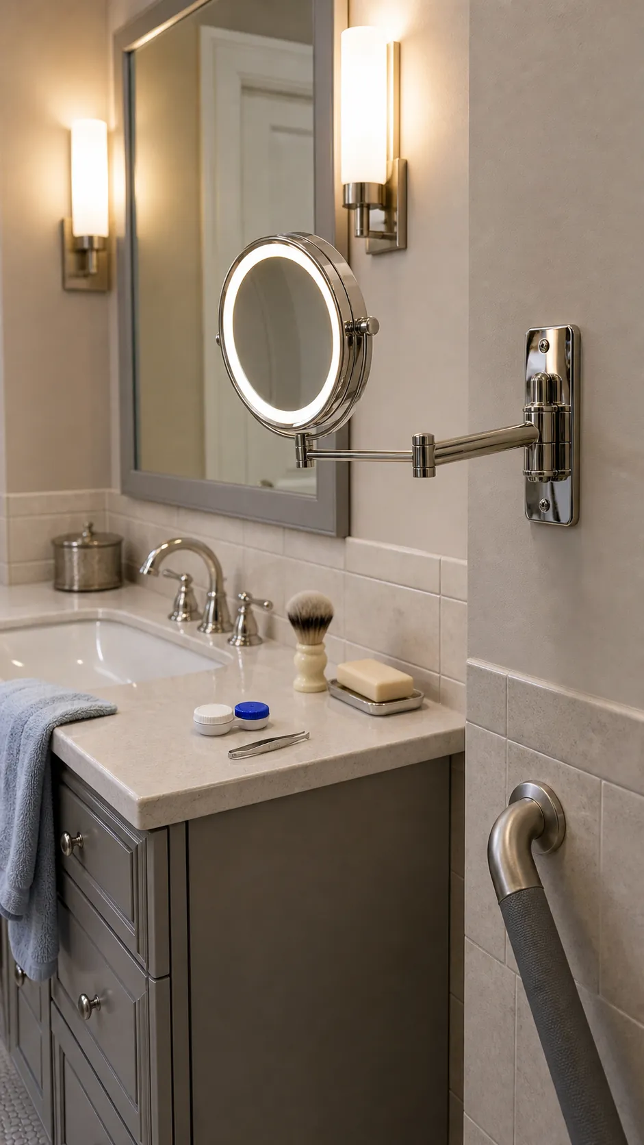 Swing-arm magnifying mirror beside the main bathroom vanity mirror