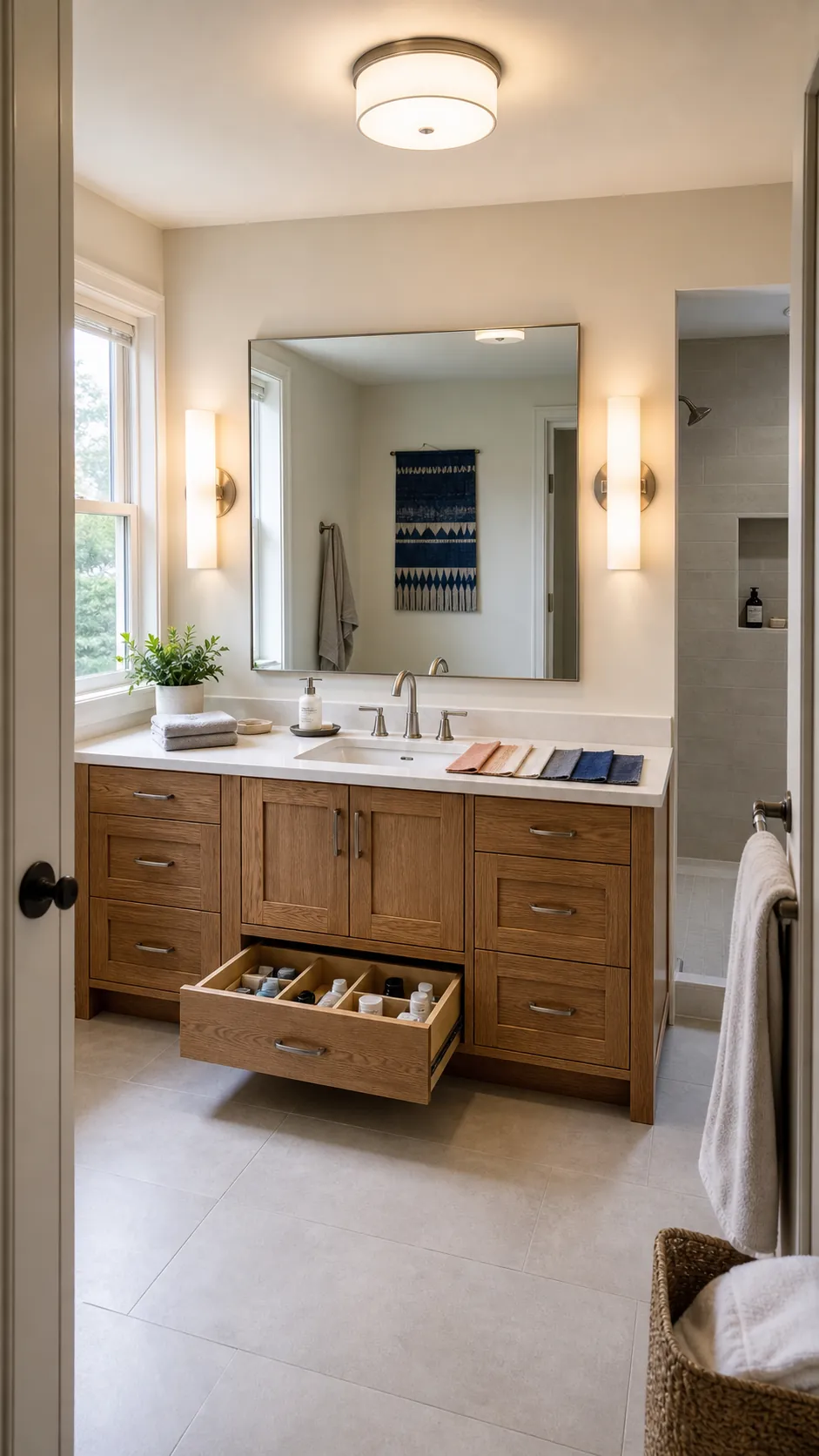 Bathroom vanity with layered task and ambient lighting around a clear mirror