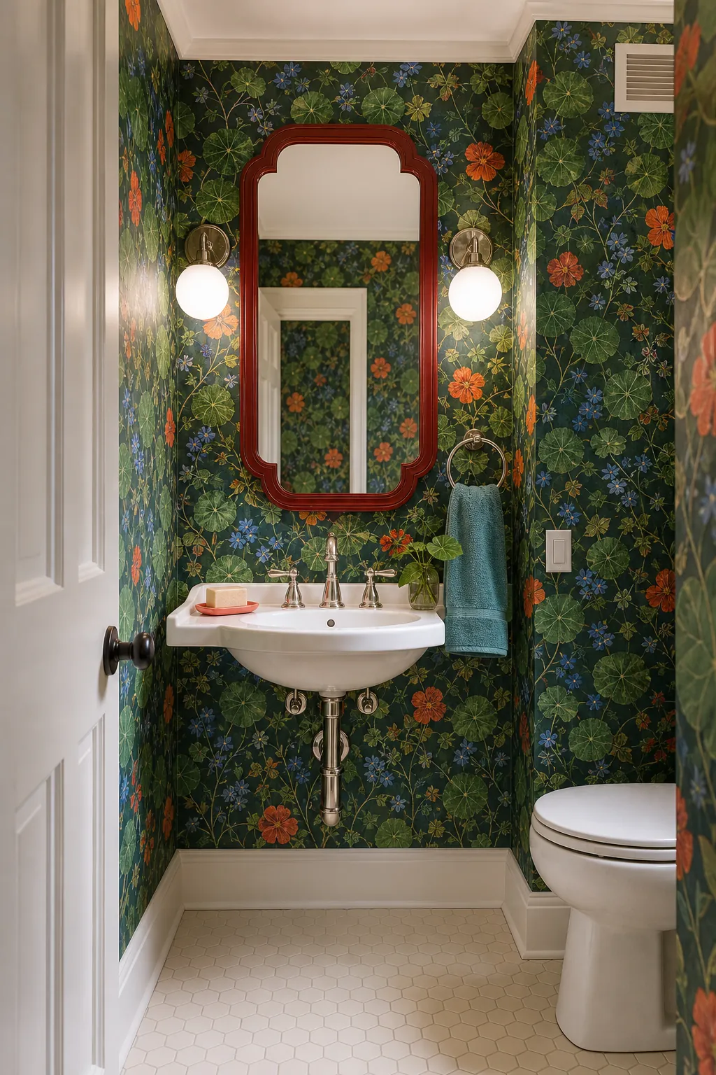 Colorful fun half bathroom with botanical wallpaper and a sculptural mirror