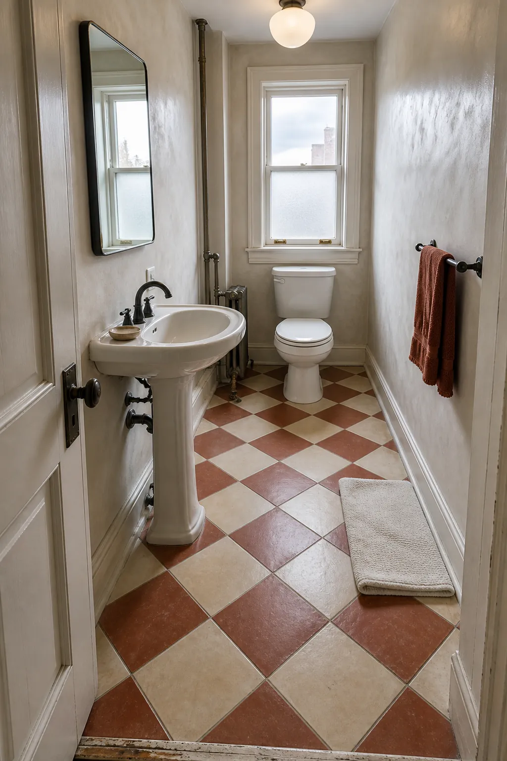 Small powder room with colorful checkerboard floor tile and simple white fixtures