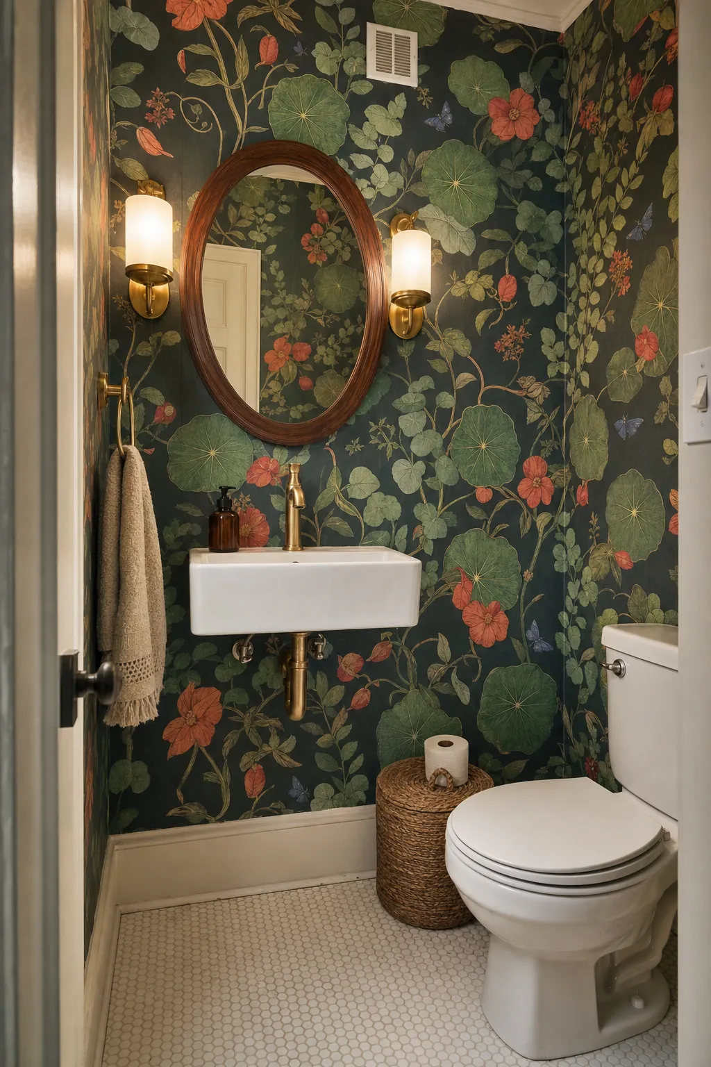 Fun half bathroom with colorful botanical wallpaper and a compact white sink