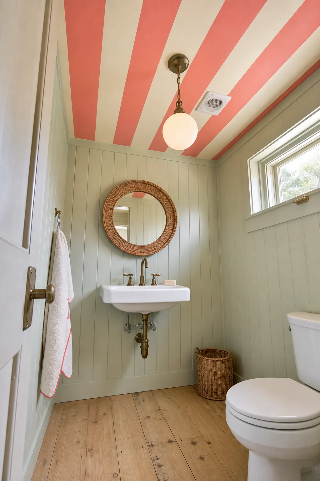 Bright half bathroom with a painted striped ceiling and simple wall paneling