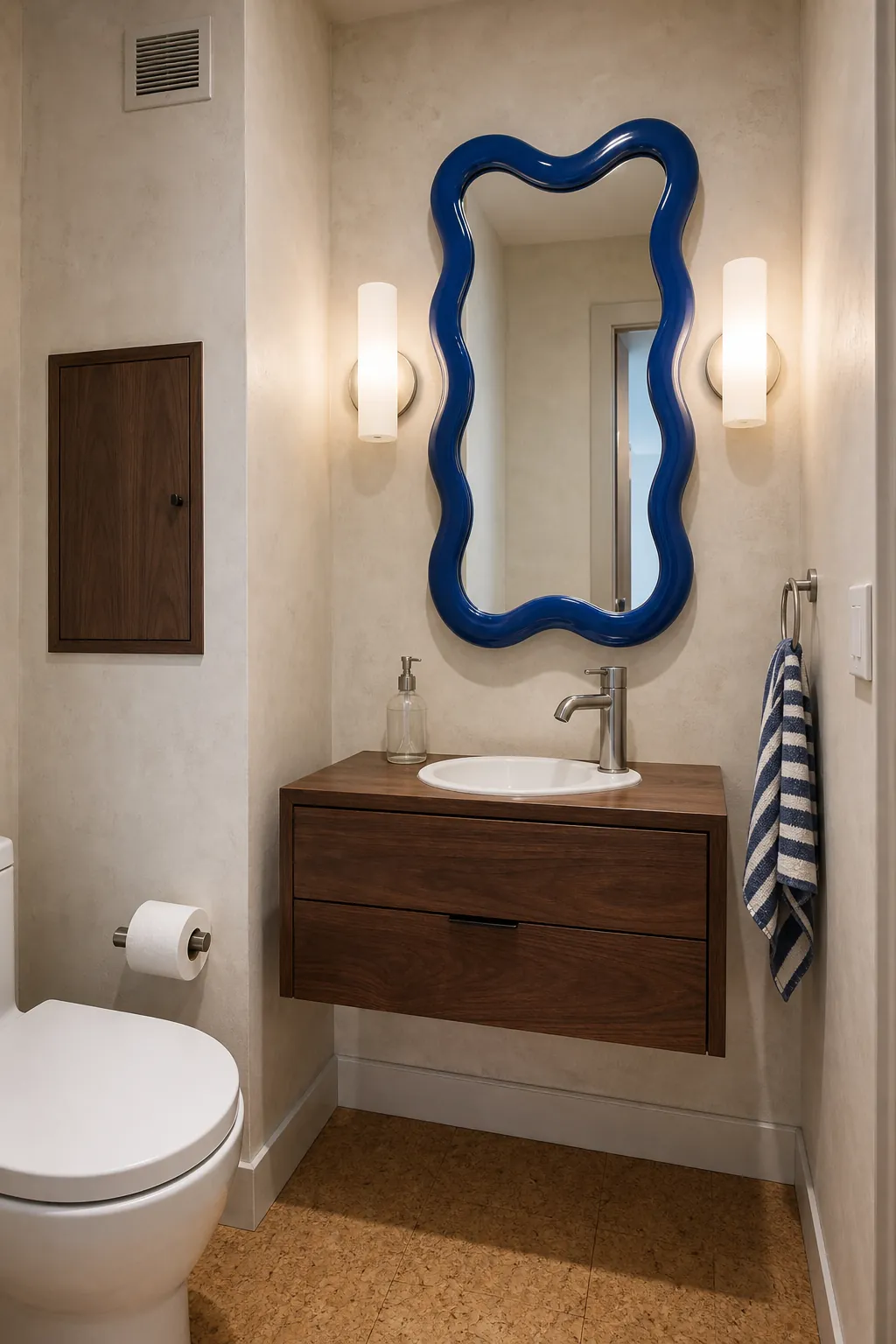 Funky powder room with a sculptural wavy mirror above a slim vanity