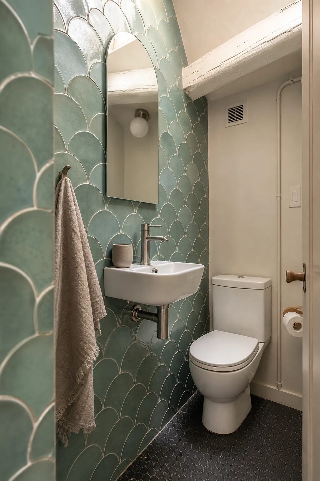 Tiny half bath with glossy scalloped wall tile and a compact wall-mounted sink