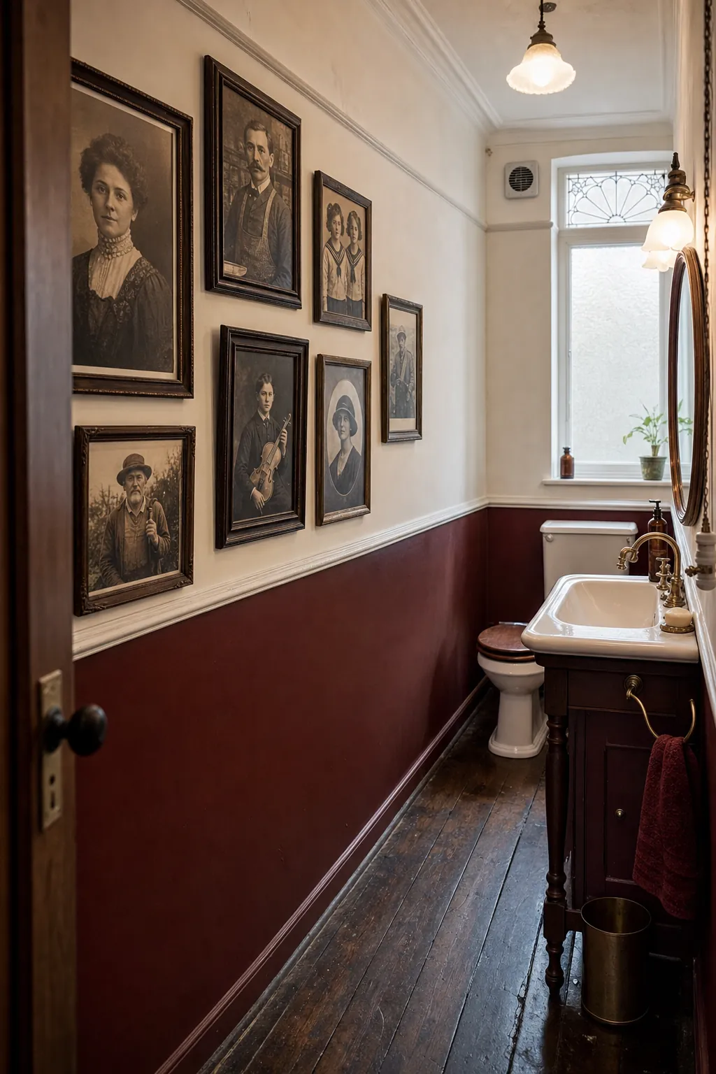 Eclectic half bathroom with a small gallery of vintage portrait prints