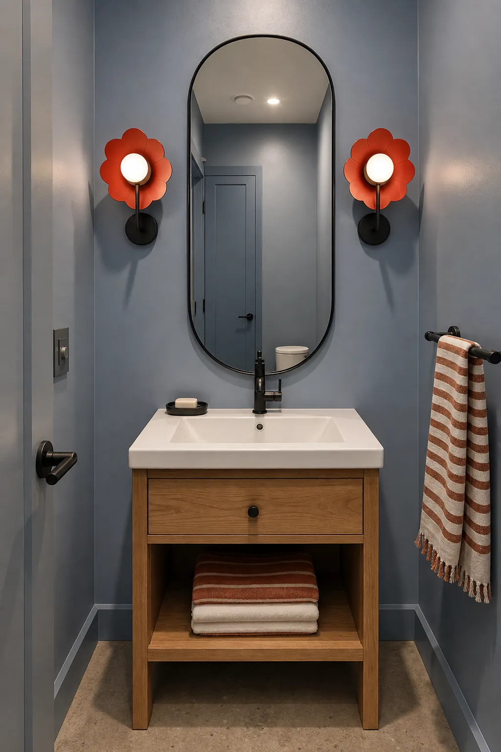 Half bathroom vanity framed by two colorful flower-shaped wall sconces