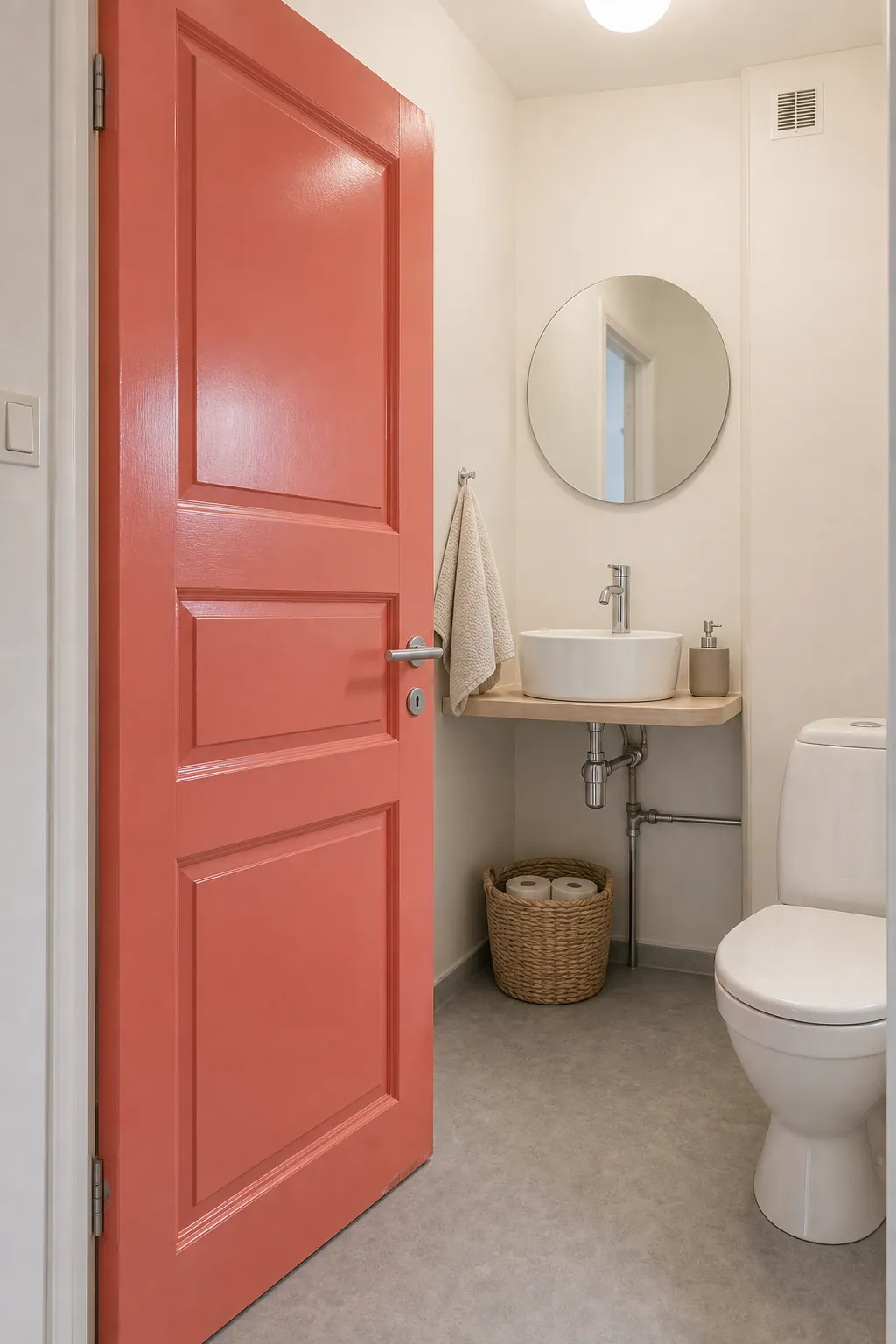 Neutral half bathroom with a glossy coral door as the main color accent