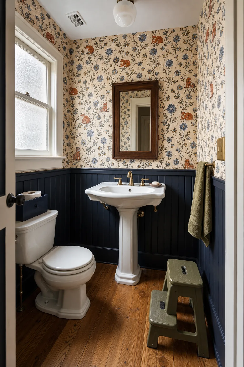 Small half bathroom with painted beadboard and quirky animal-print wallpaper