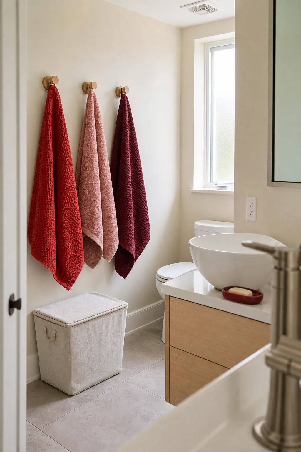 Simple half bathroom with neatly displayed colorful hand towels on wooden pegs