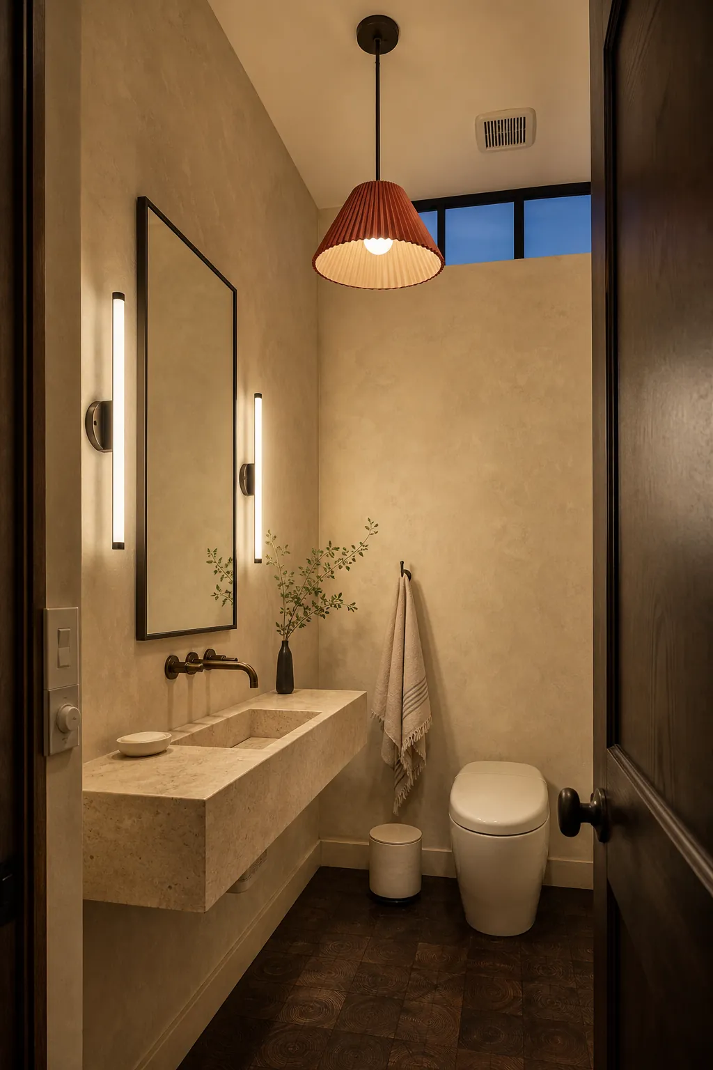 Tiny powder room with a petite pleated pendant light and warm textured walls