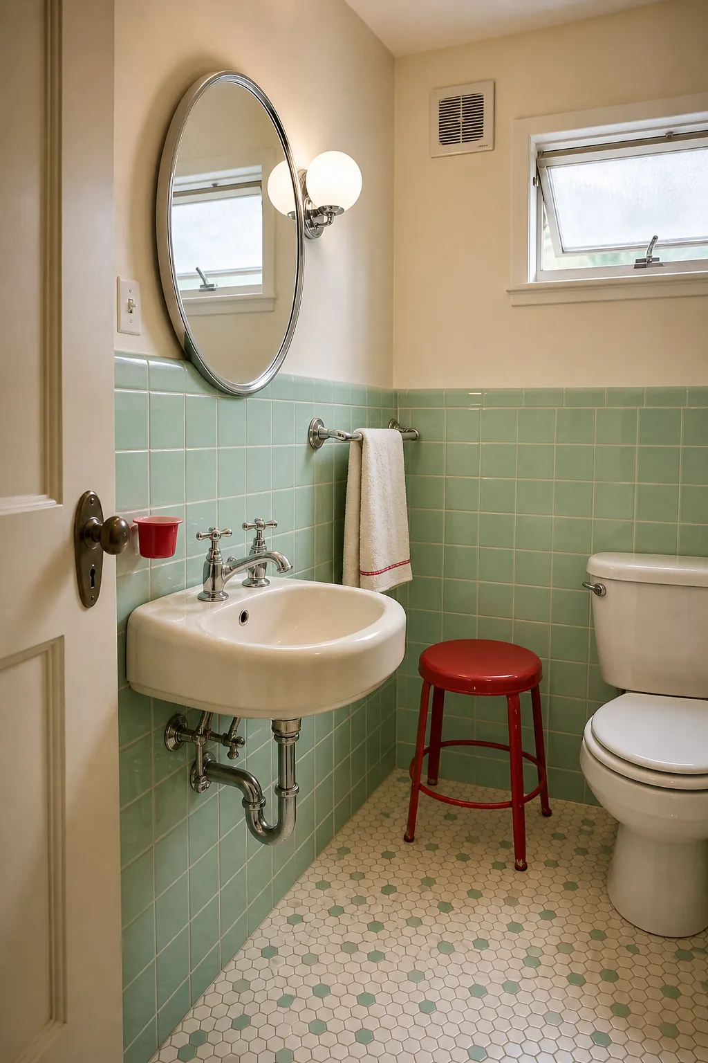 Retro-inspired powder room in mint, cherry red, and cream