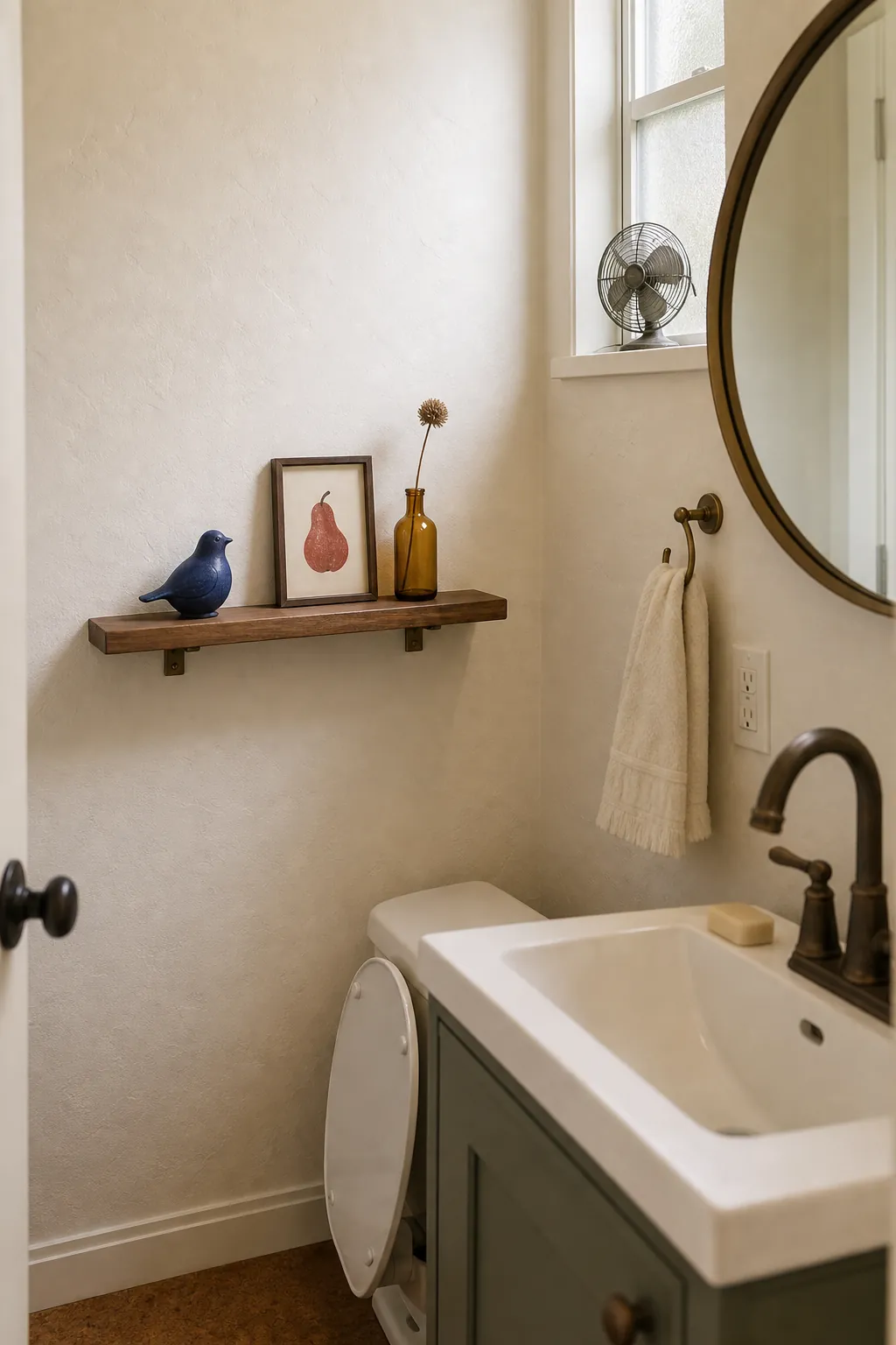 Eclectic half bathroom with a slim display ledge holding a few small collected objects