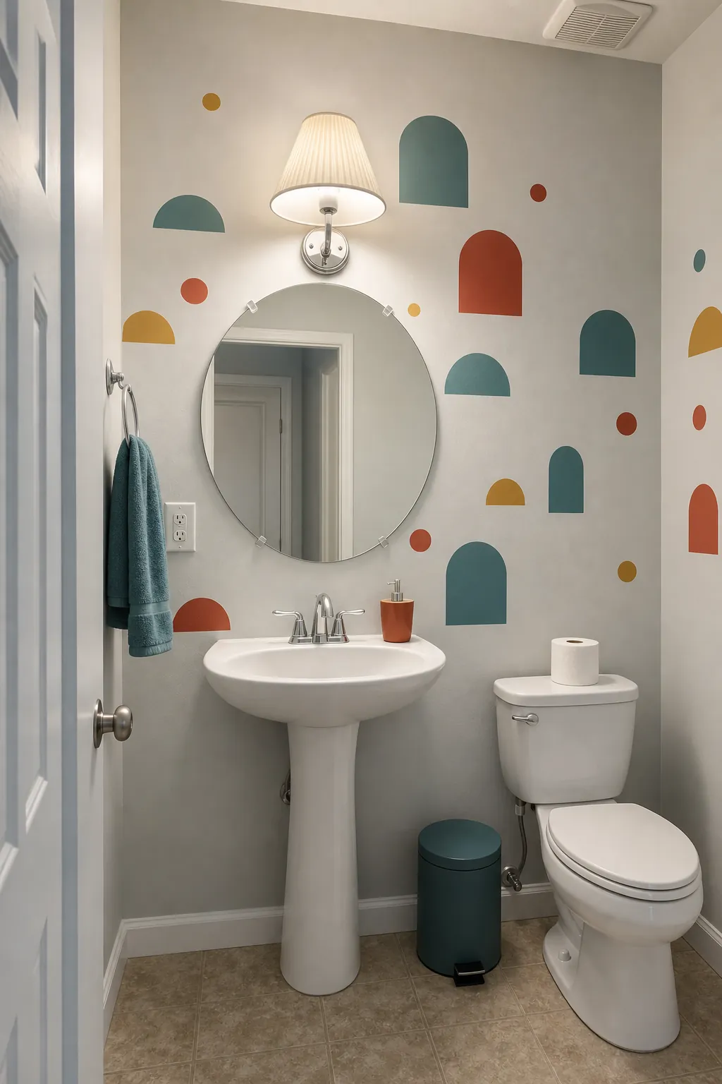 Renter-friendly half bathroom with removable abstract wall decals