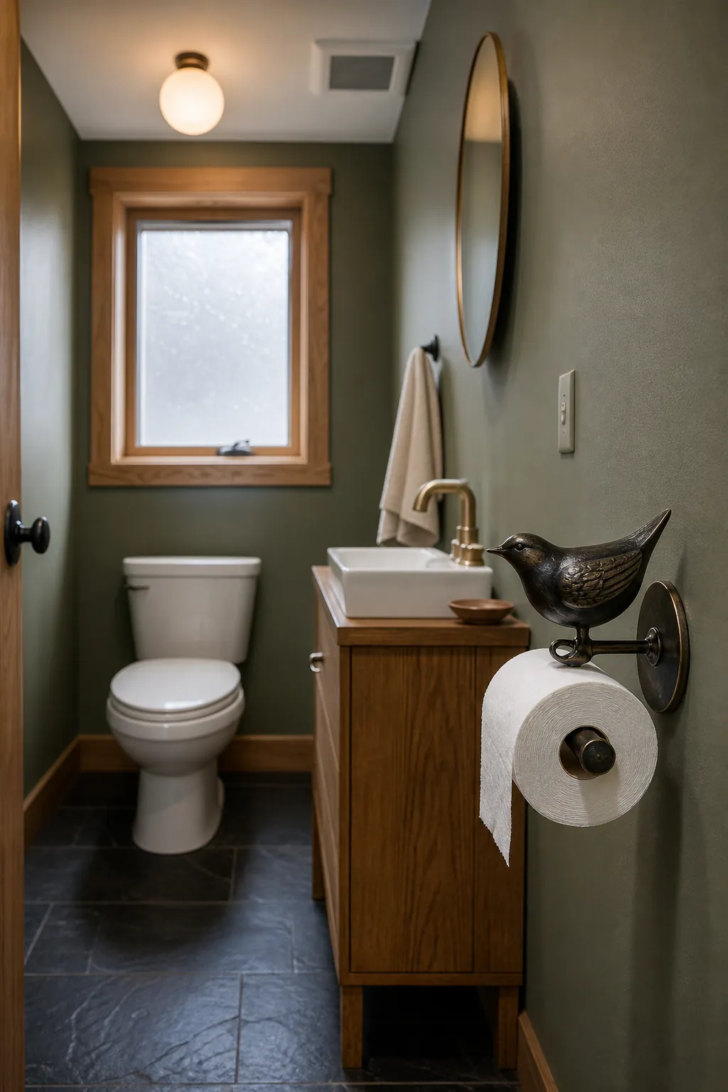 Fun half bathroom with a playful bird-shaped toilet paper holder as one unexpected detail