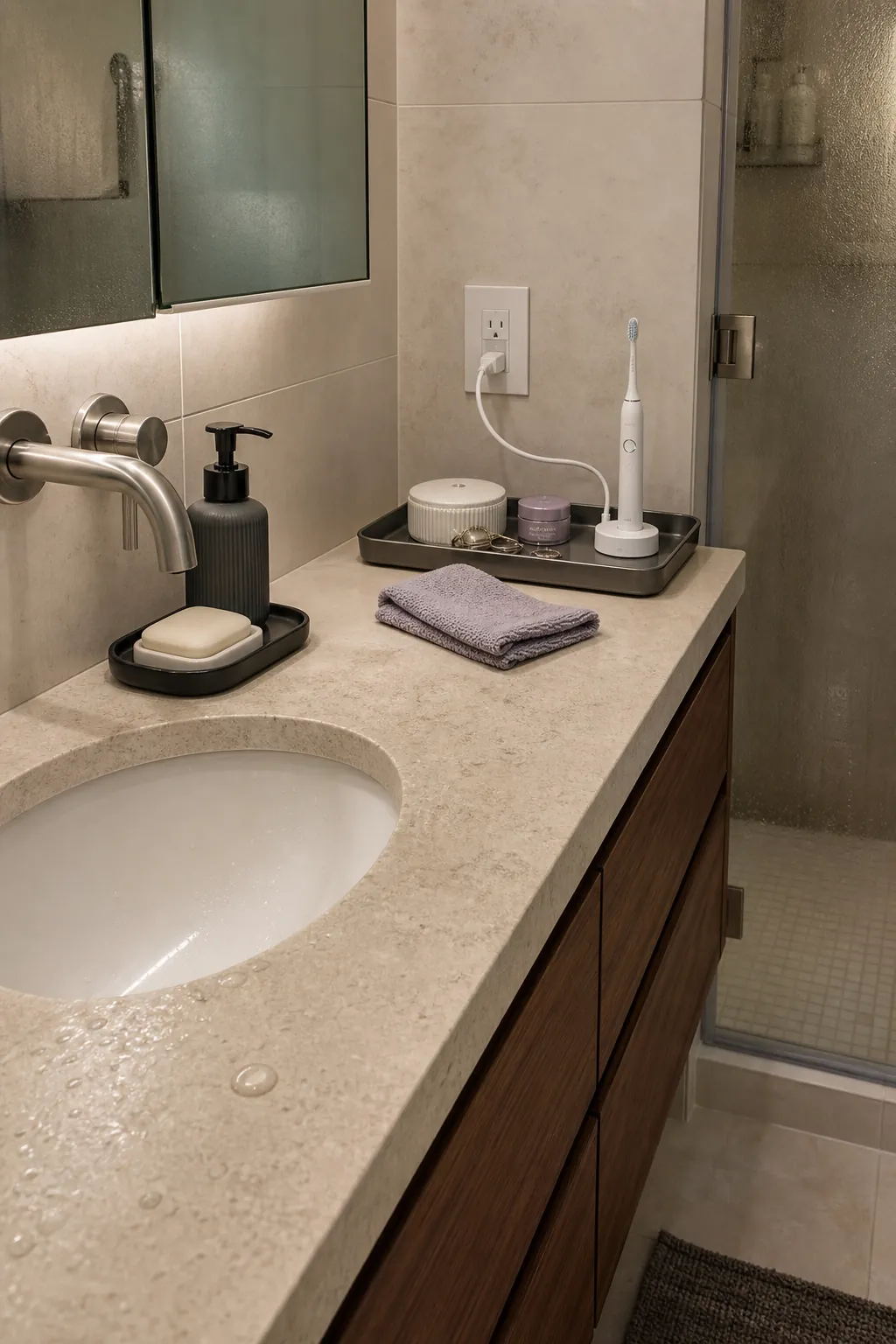 Bathroom counter styling placed safely beyond the sink splash zone