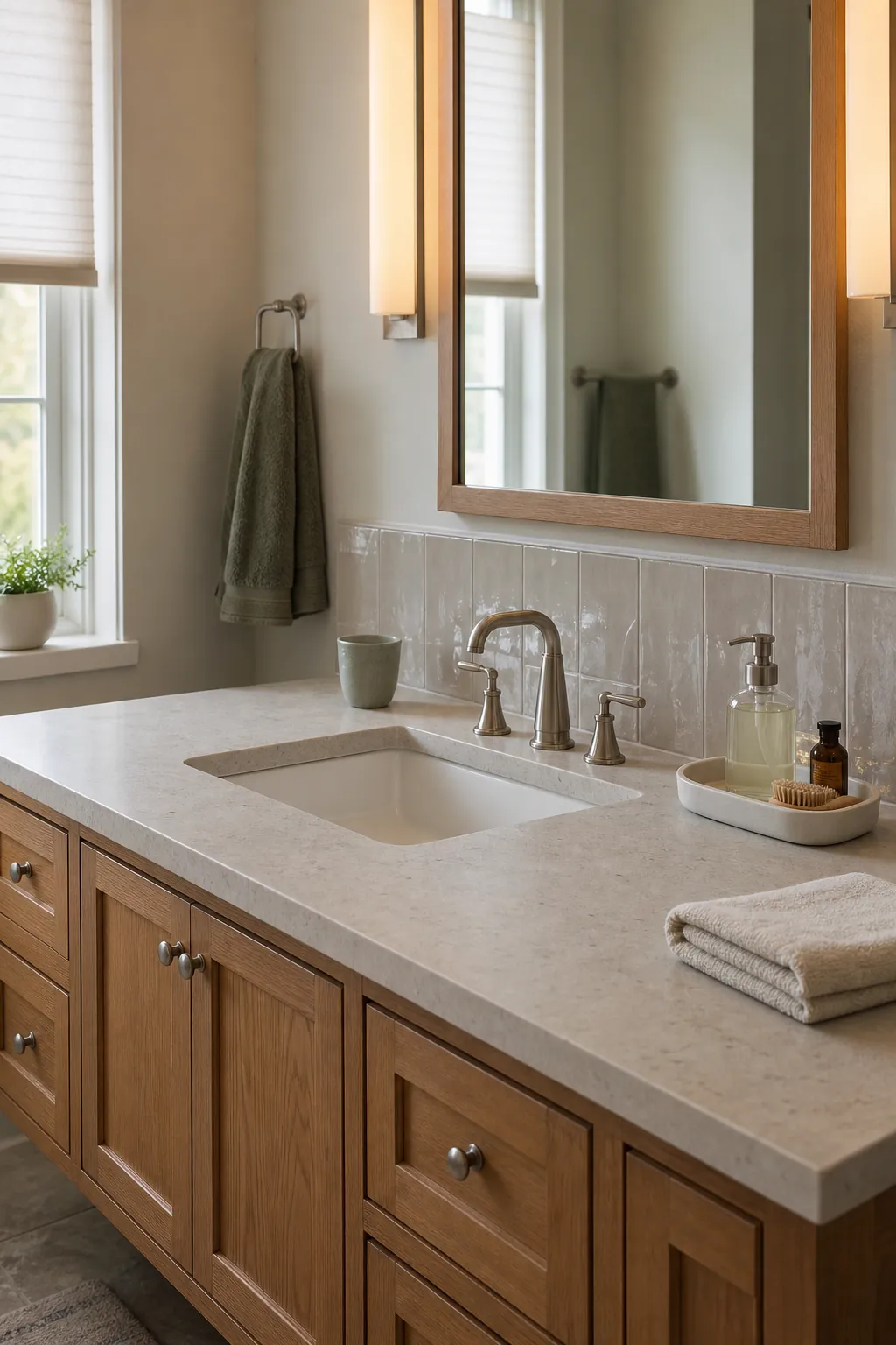 Calm bathroom counter styled around a sink with a tray and clear working space