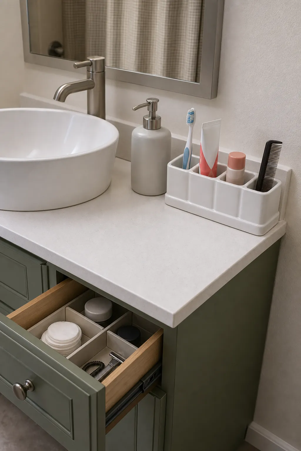 Small edited group of true daily bathroom essentials beside a sink