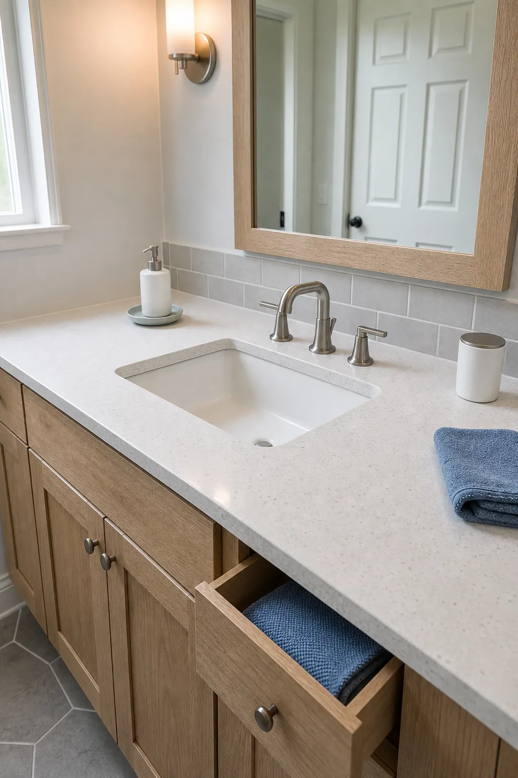 Bathroom sink with a clear wipeable working ring around the basin and faucet