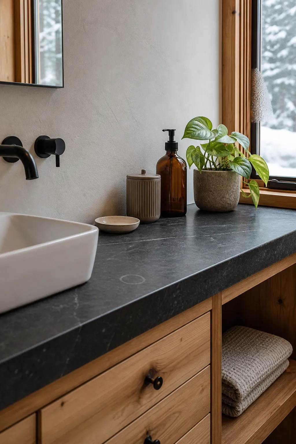 Low-to-high arrangement of bathroom accessories placed away from the faucet