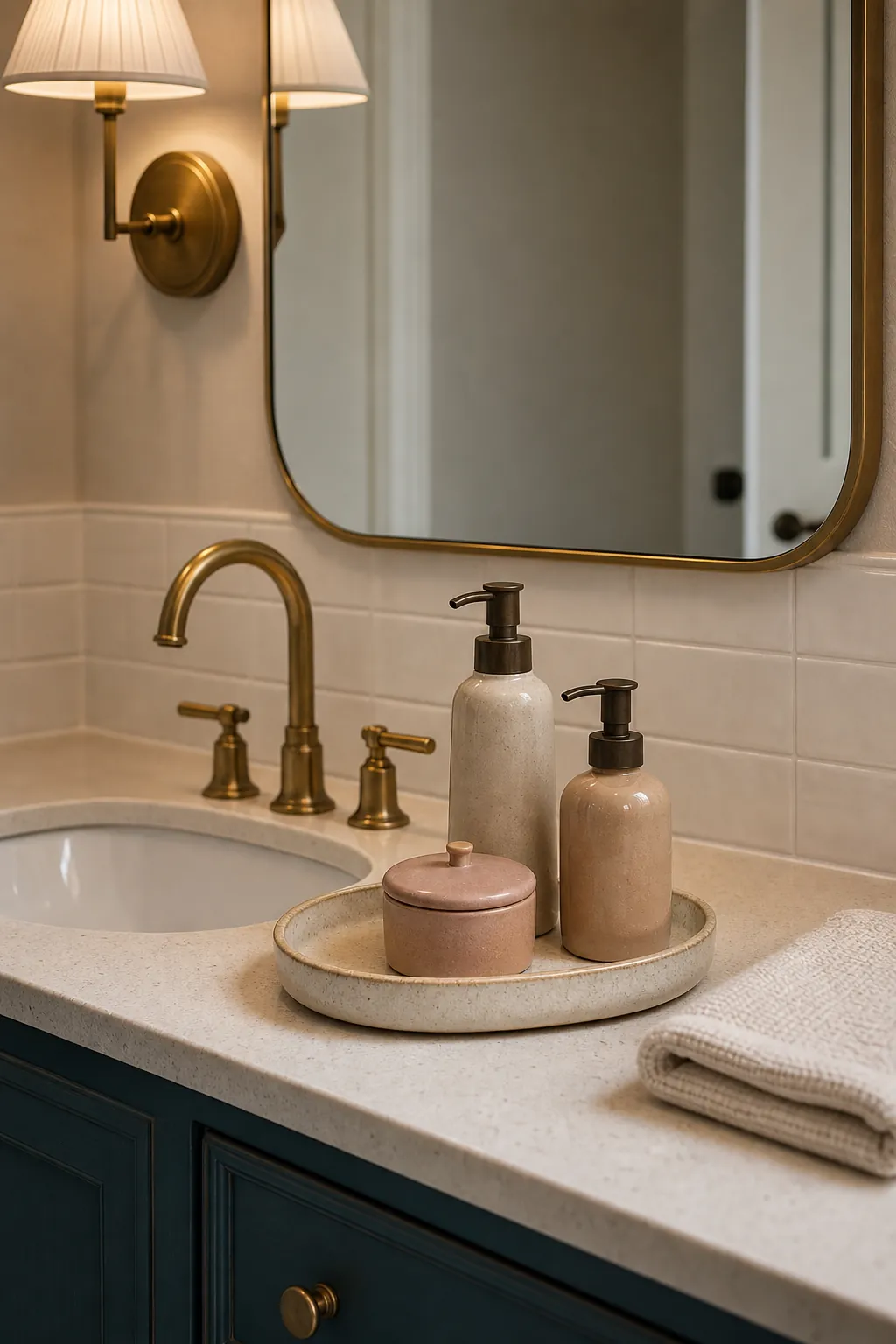 Washable vanity tray containing three daily essentials beside a bathroom sink