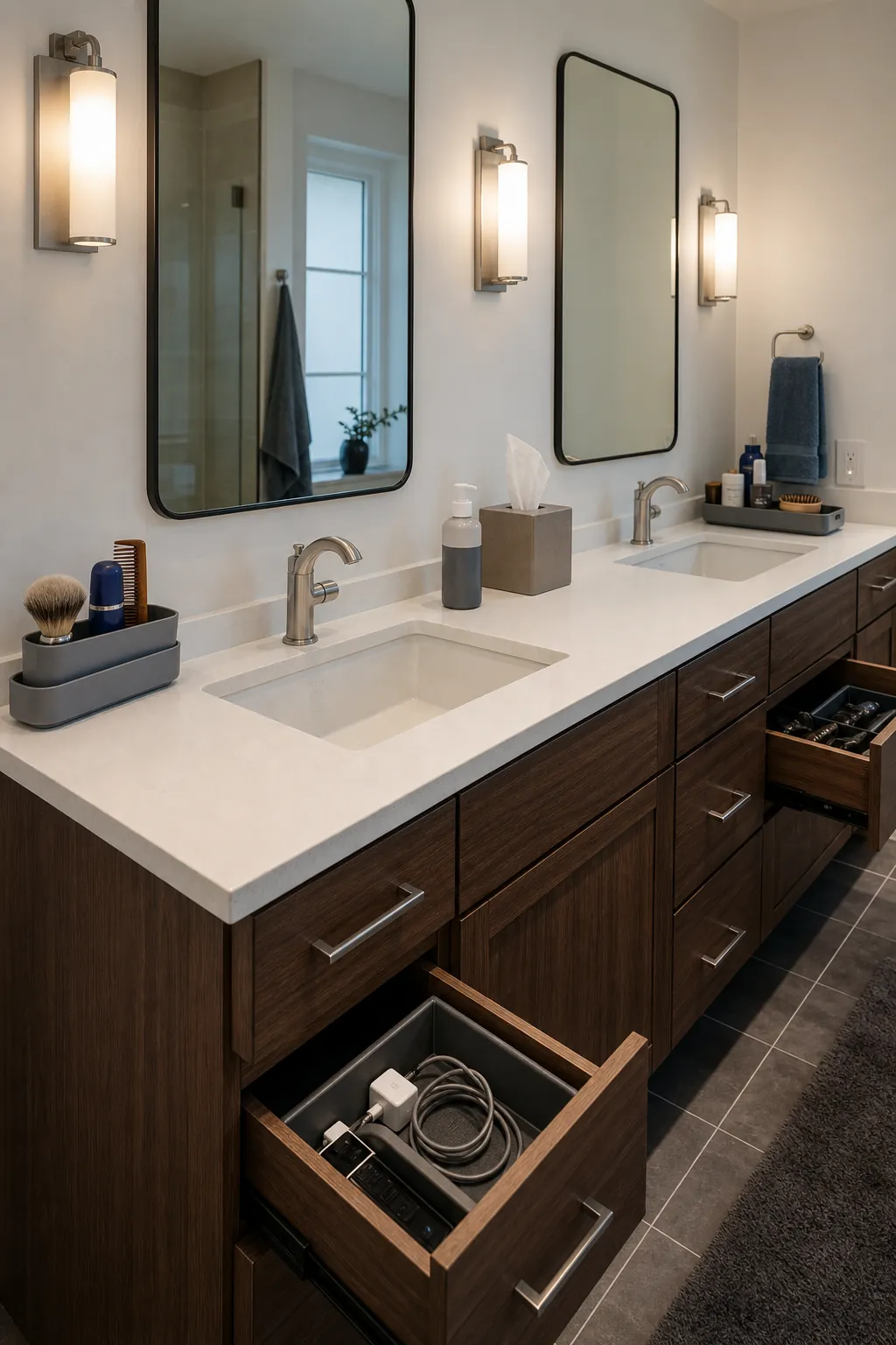 Shared double vanity with separate personal landing zones and a clear center