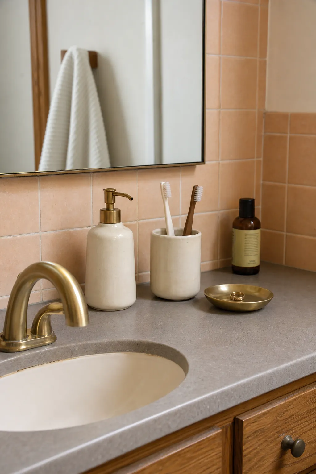 Coordinated but functional bathroom accessories with reduced label clutter