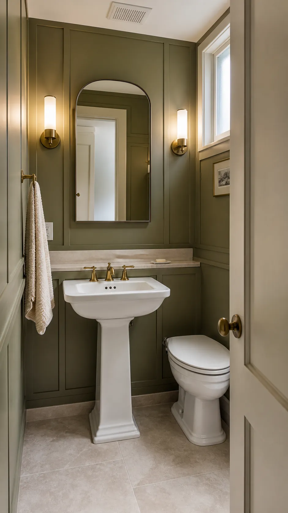Elegant narrow half bathroom with a white pedestal sink and warm wall details