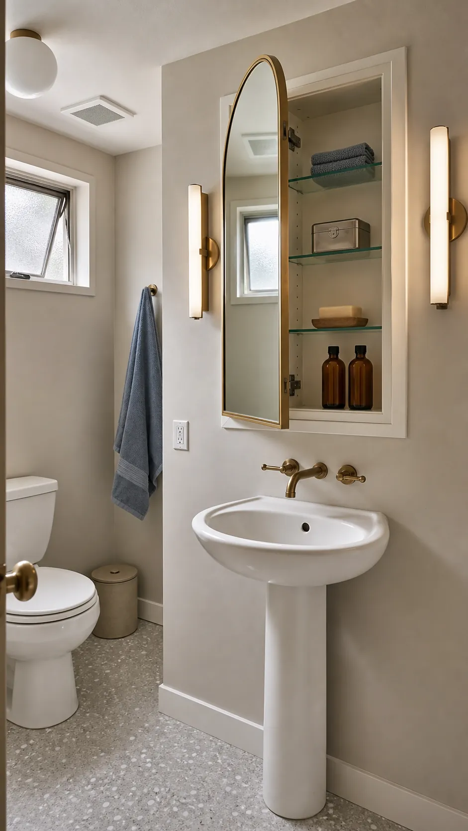 Pedestal sink beneath a recessed mirrored medicine cabinet in a small half bath