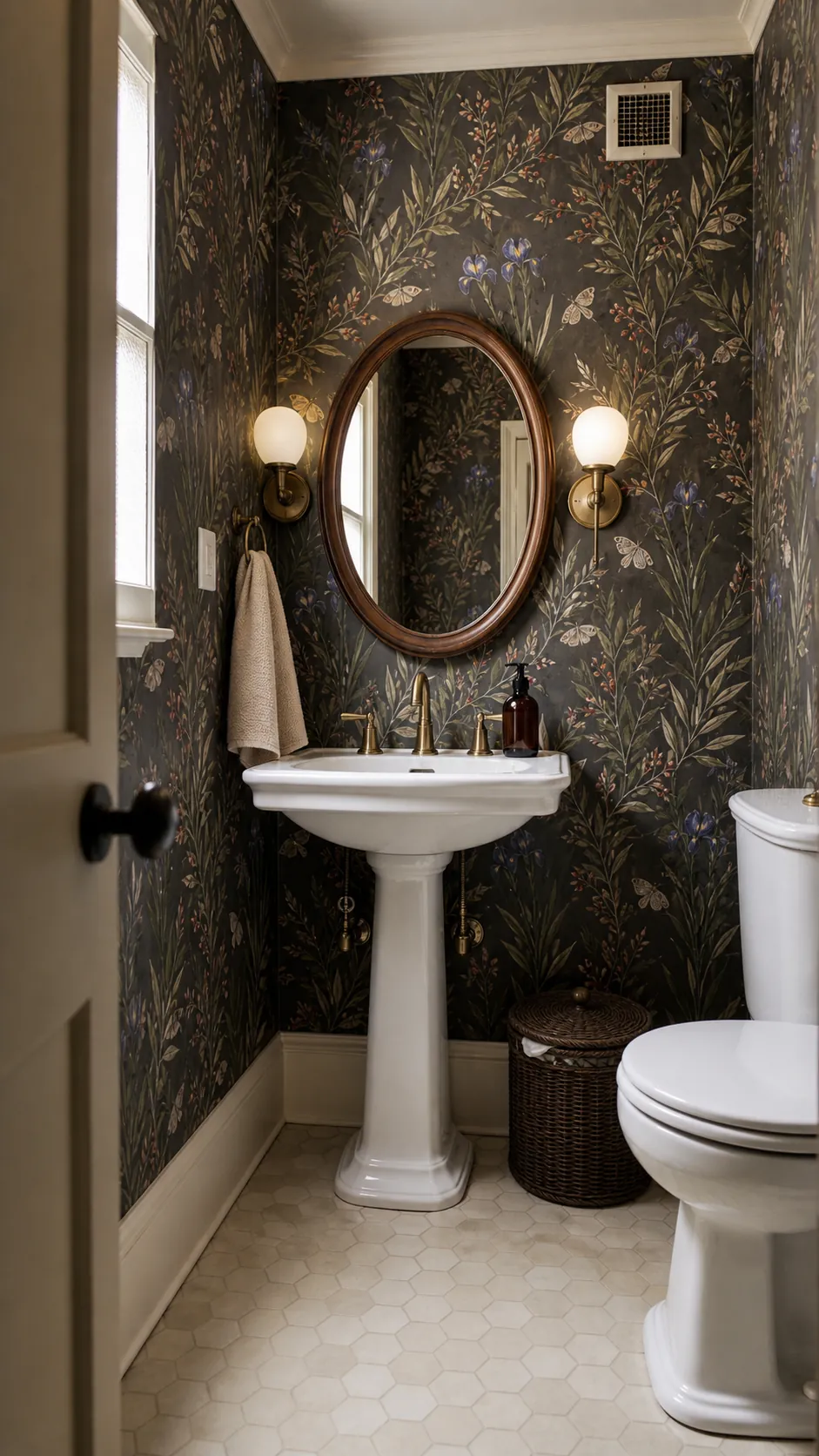 Classic pedestal sink in a half bathroom wrapped with botanical wallpaper
