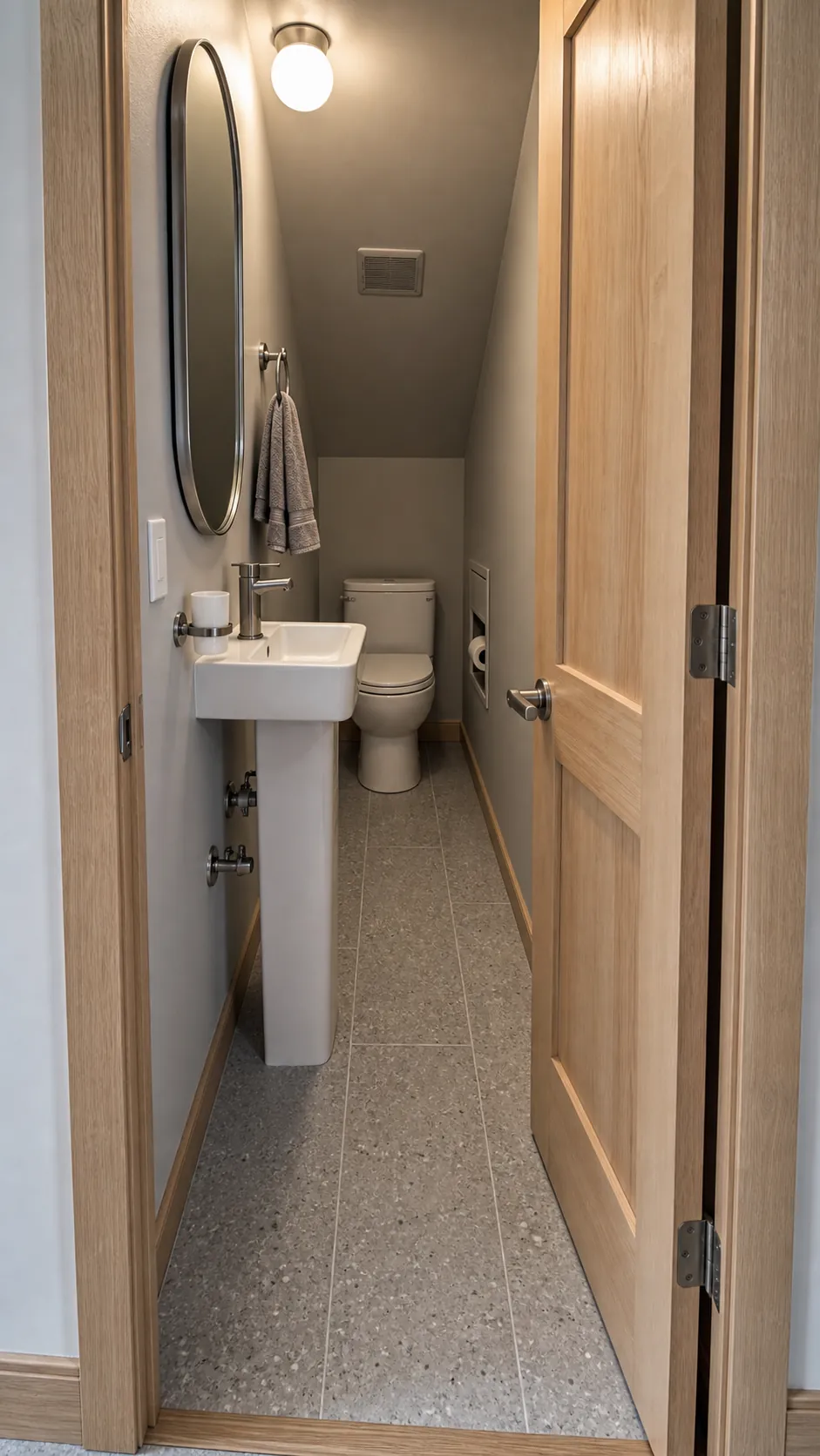 Narrow half bathroom with a compact pedestal sink and clear door swing