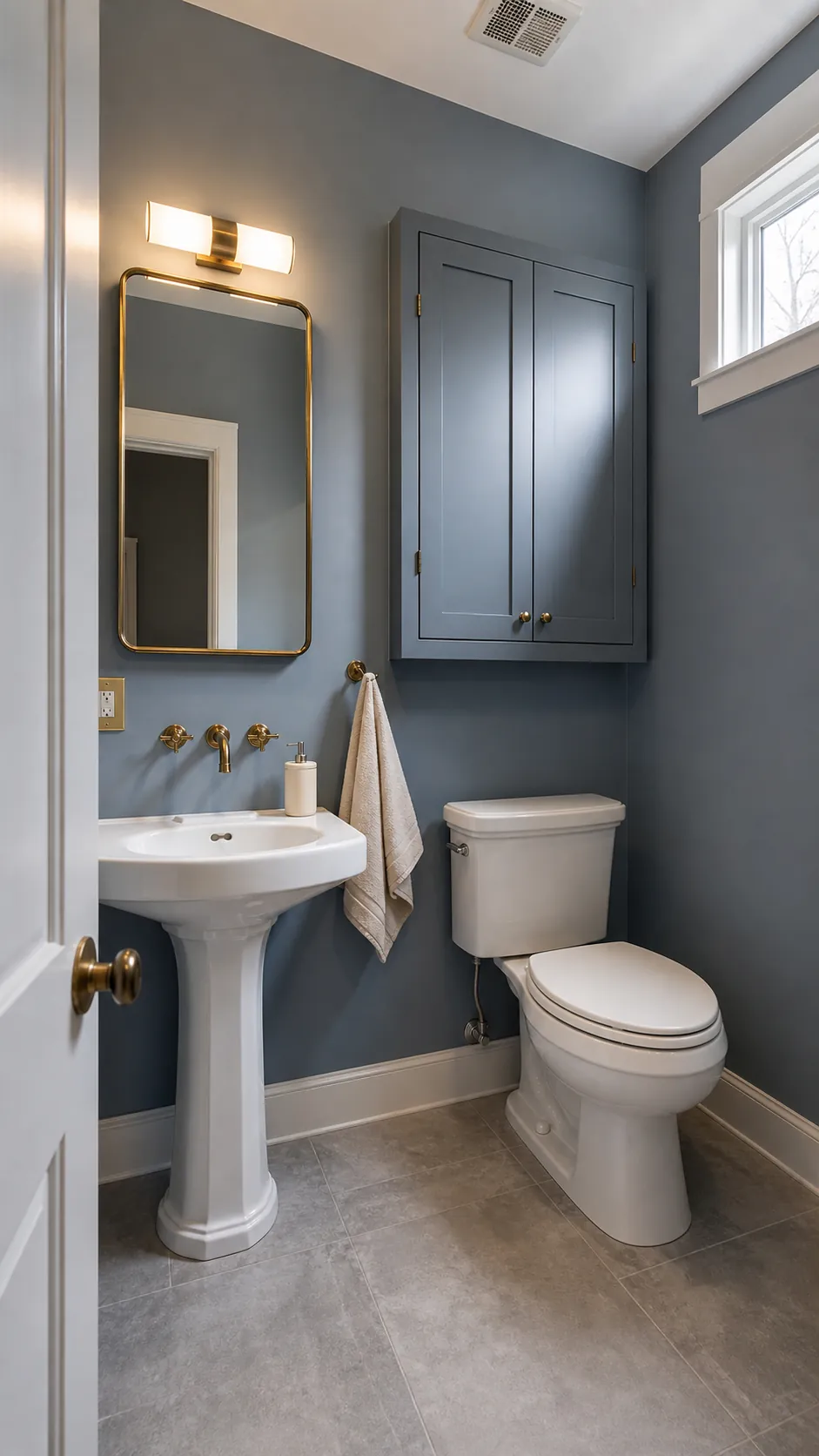 Small powder room with a pedestal sink and one slim cabinet above the toilet
